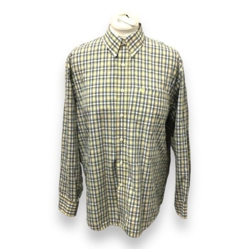 Izod Mens Large Yellow & Blue Plaid Long Sleeve Button-Up Shirt